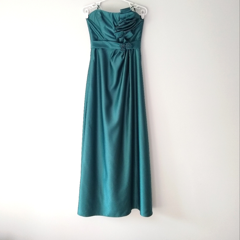 Allure Bridals Strapless Floor Length Formal Gown Rosettes Deep Teal Pine Size 8